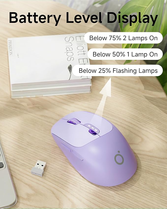 EWEADN Q5 Wireless Mouse, Bluetooth & 2.4G Quiet Computer Mouses with Battery Level Display, 1600 DPI, Ergonomic Office Mouse, 6 Button Portable Cute Computer Mouse for Laptop/PC/Mac - Purple