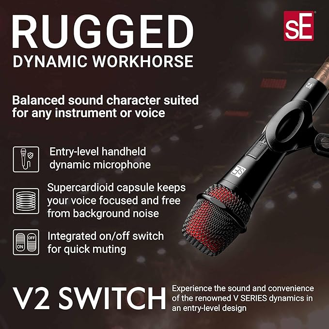 SE ELECTRONICS V2 Switch Dynamic Microphone for Singing, Speech, Instruments & Studio Recording - Supercardioid XLR Handheld Vocal Microphone with an On/Off Switch & Rugged All-Metal Housing