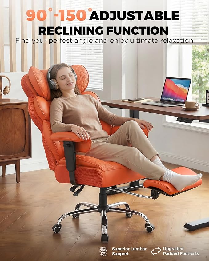 COMHOMA Big and Tall Office Chair with Upgrade Footrest, Heavy Duty Gaming Chair High Back Executive Chair with Spring Lumbar Support for Lower Back Pain Relief, 150°Reclining Adjustable Armrests