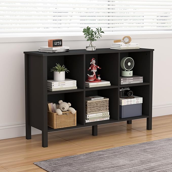 6-Cube Bookcase, Farmhouse Wooden Bookshelf Low Storage Organizer, 45" Horizontal Black Console with Legs, Hallway Book Case for Entryway, Display Cabinet for Living Room (Black, 6-Cube)