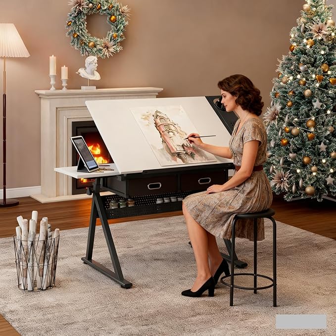 Drafting Table with Stool, Height Adjustable Drawing Table Art Table Painting Table Art Craft Desk with 0-75° Tilting Tabletop and Storage Drawers, White