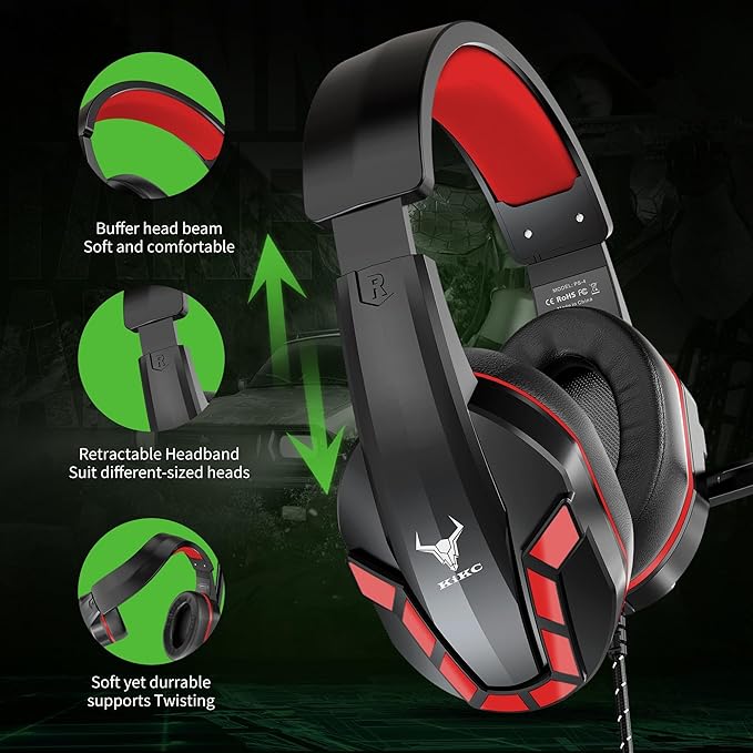 Kikc PS4 Gaming Headset with Mic for Xbox One, PS5, PC, Mobile Phone and Notebook, Controllable Volume Gaming Headphones with Soft Earmuffs for Kid (Red)