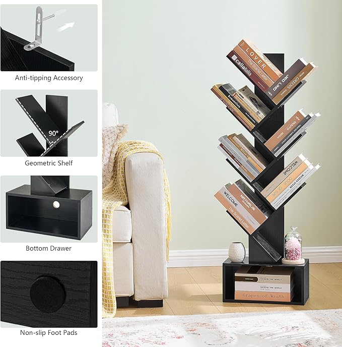 Hoctieon 6 Tier Tree Bookshelf, Tall Bookcase with Drawer, Freestanding Book Shelf, Display Floor Standing Storage Shelf, Book Organizer Shelves for Home Office, Living Room, Bedroom, Black