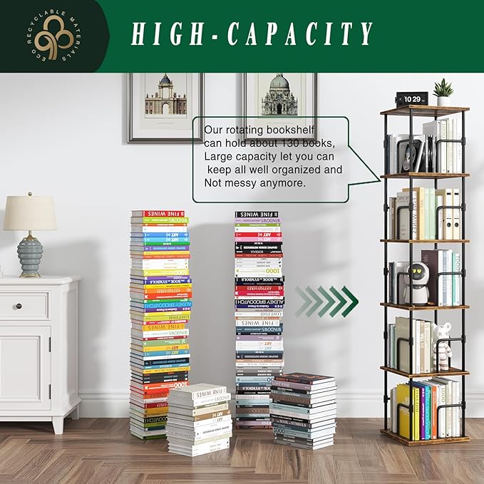 5-Tier Rotating Bookshelf, Freestanding Corner Bookshelf, 360° Spinning Bookcase Industrial Style Storage Rack with Rails, for Living Room, Bedroom, Study