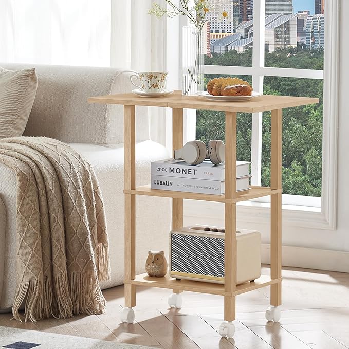 YUFAM 3 Tier Home Printer Stand with Storage, Wooden Mobile Printer Table Shelf, Rolling Printer Cart Shelf with Lockable Wheels fit Fax Machine, Scanner, Natural