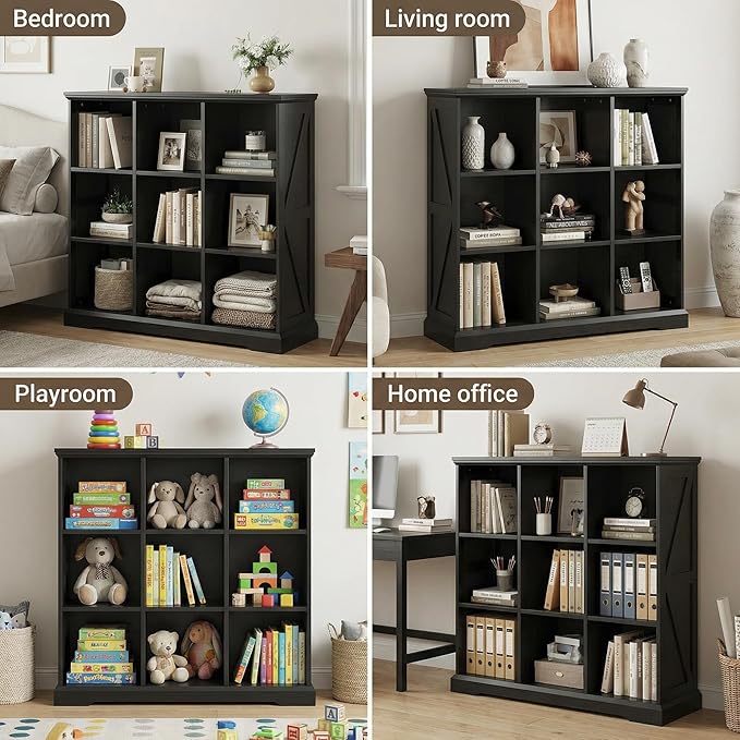 IRONCK Wooden 9 Cube Storage Organizer, Cube Shelf Organizer with Storage, Farmhouse Short Bookshelf for Bedroom, Living Room and Home Office, Black