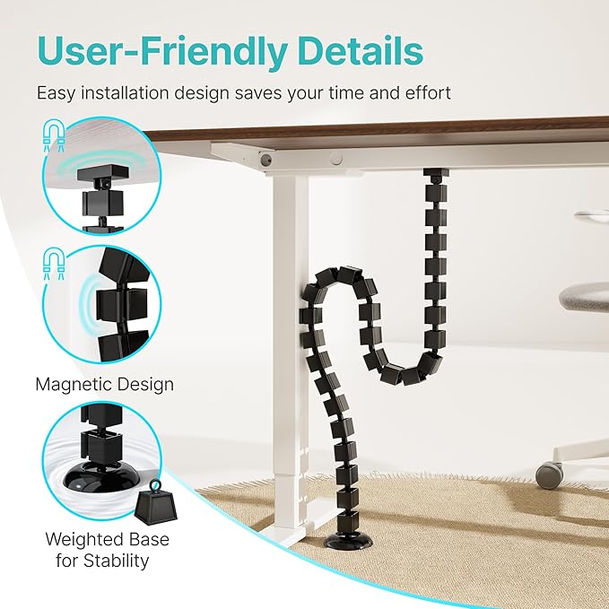 PEGZONE Under Desk Cable Management Spine – Flexible Cable Snake Organizer for Standing Desk, Tool-Free Magnetic Vertebrae Wire Management for 0.4"-2" Table, Black