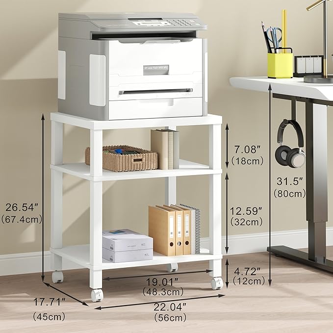 3-Tier Printer Stand with Wheels, Large Under Desk Rolling Cart for Office Storage, Heavy Duty Machine Stand with Adjustable Shelf, 22.04"x17.71"x26.54", White