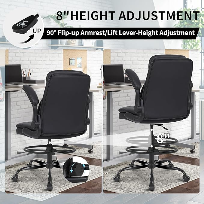 Misolant Drafting Chair, Tall Office Chair for Standing Desk, High Leather Executive Office Chair with Adjustable Height and Flip-up Armrest for Counter Height Desk