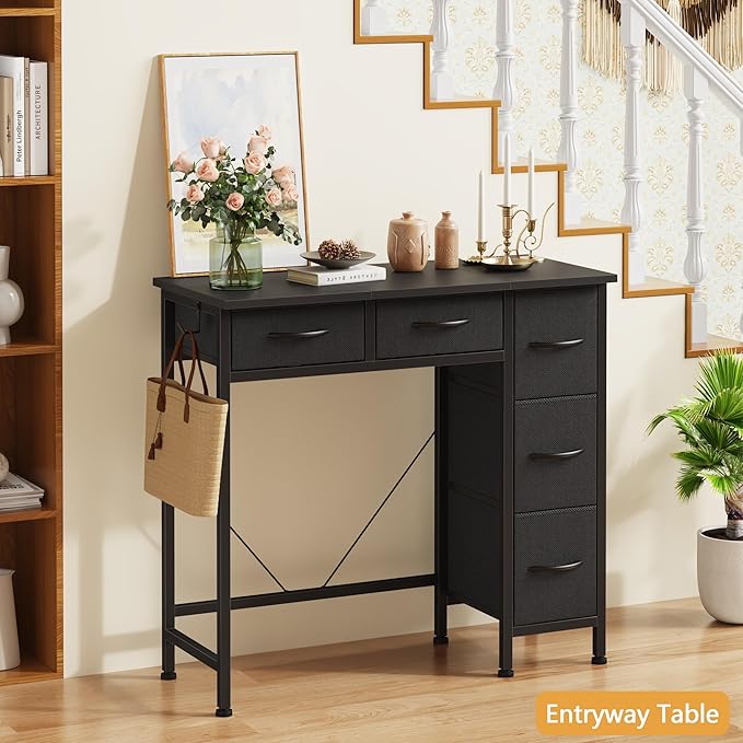 HIGDBFE Small Desk with 5 Fabric Drawers, 33 Inch Writing Desk for Home Office, Simple PC Desks for Small Place, Kids Girls Teen Study Table Vanity for Bedroom, Dorm, Black, 14" D