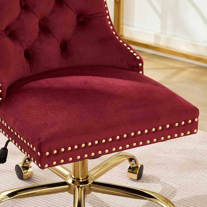 Goujxcy Desk Chair, Modern Velvet Upholstered Tufted Button Home Office Chair, 360° Swivel Armless Desk Chairs, 120°Rocking Ergonomic Computer Task Vanity Chairs, Wine Red