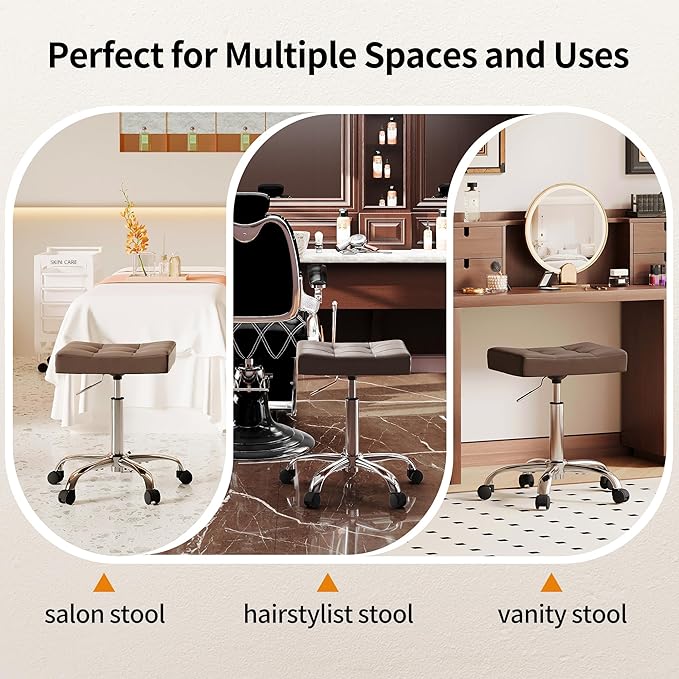 FIRAVOE Vanity Stool with Wheels (Adjustable Height 17-21 inch) (300lbs Capacity) Faux Leather Nail Tattoo Vanity Massage Stool (Coffee Brown)