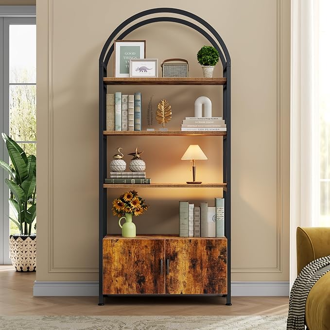 Jehiatek Arched Bookshelf with Storage Cabinet 71 Inch Tall Industrial Bookcase 5 Tier Open Display Shelf with Hidden Storage Rustic Wood and Metal Bookshelf for Living Room Bedroom Home Office