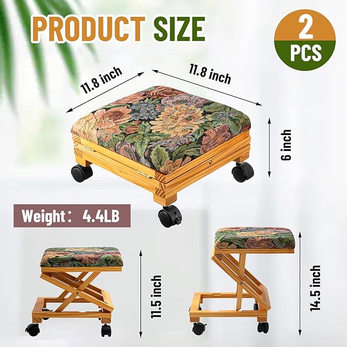 CroBlissful 2 Pack Rolling Adjustable Foot Rest Vintage Floral Foldable Under Desk Ottoman with Wheels Tapestry Foldaway Guitar Foot Stool for Home Office Living Room Bedroom