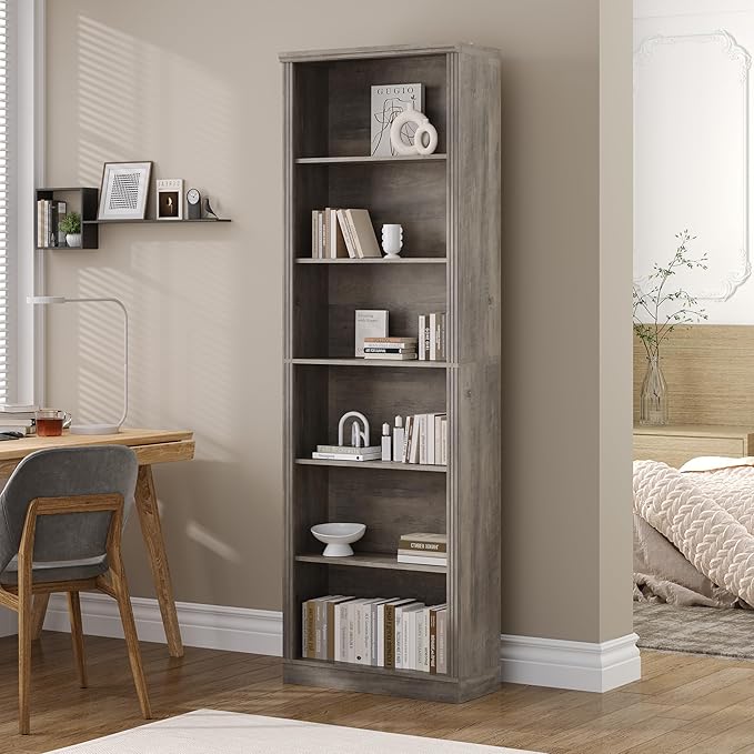 Wodeer Tall Bookshelf, 6-Tier Bookcase with 2 Adjustable Shelves, Modern Farmhouse Storage for Living Room, Entryway, Office, 23.6" W x 74.8" H x 10.6" D, Grey