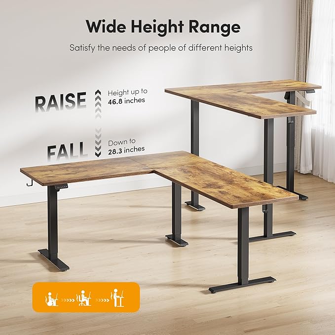 CubiCubi L Shaped Standing Desk 75 x 63 Inch Adjustable Height, Electric Corner Desk, Sit Stand Home Office Desk with Splice Board, Rustic Brown（2 Packages