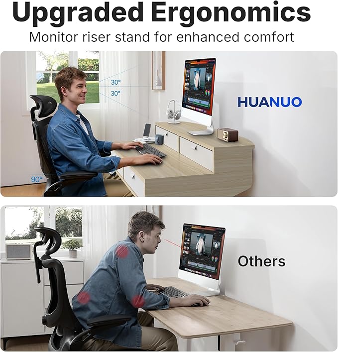 HUANUO 32 x 20 inch Electric Standing Desk with 4 Drawers, Adjustable Height Sit Stand Home Office Desk, C-Clamp Mount Compatible, Ergonomic Stand up Desk with 4 Preset Heights, Natural