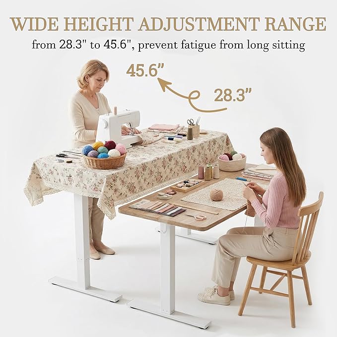 TIQLAB Electric Adjustable Sewing Table, 63"x24" Workbench Adjustable Height, Ergonomic Worktable for Garage, Craft Desk, Spacious Desk for Sewing and Crafts, Maple