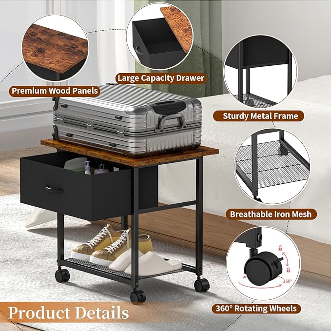DAOUTIME 2-Tier Printer Stand with Storage Drawer, Under Desk Printer Table with Shelves, Mobile Printer Cart on Wheels for Small Spaces/Home Office, Fits 3D Printer Scanner, Rustic Brown and Black