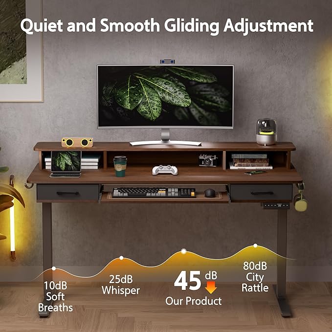 WALKINGDESK 63 Inches Electric Standing Desk with Keyboard Tray, Height Adjustable Sit to Stand Table with 2 Drawers, Ergonomic Home Office Desk with Storage Shelf, Computer Table, Black Walnut