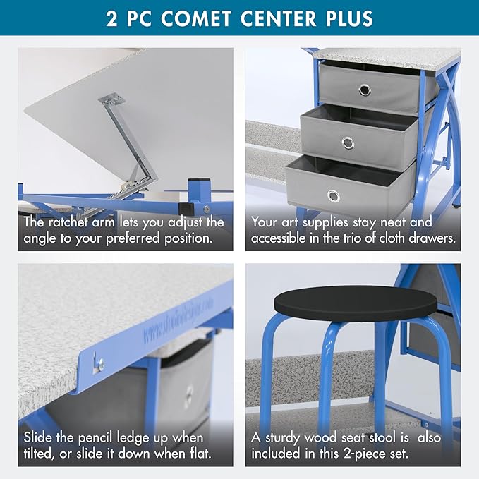SD Studio Designs Comet Center Plus, Craft Table and Matching Stool Set with Storage and Adjustable Top, Blue/Spatter Gray, 50x23.75x29.5 inches, 2 Piece