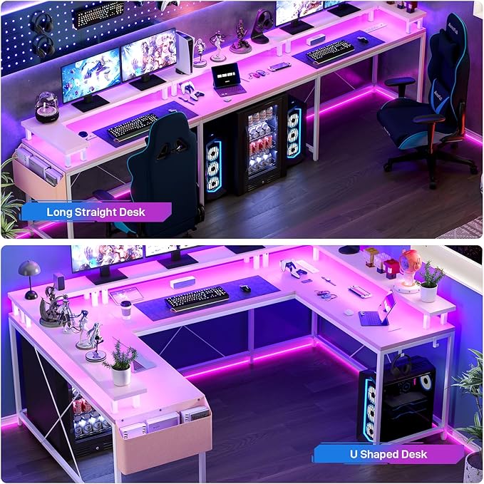 Jojoka U-Shaped Computer Desk with Power Outlets & RGB LED Lights - Reversible l-Shaped Office Desk, Full Monitor Stand, Modern Home Office Workstation, 600lbs Capacity 79",Game Desk, Pink