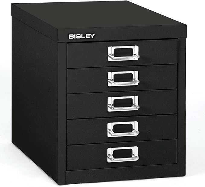 Bisley 5-Drawer Steel MultiDrawer Cabinet - Black, Chrome Pull Handles with Label Holders, Powder-Coated Steel, Removable Drawers, Desktop Storage, Labels Included