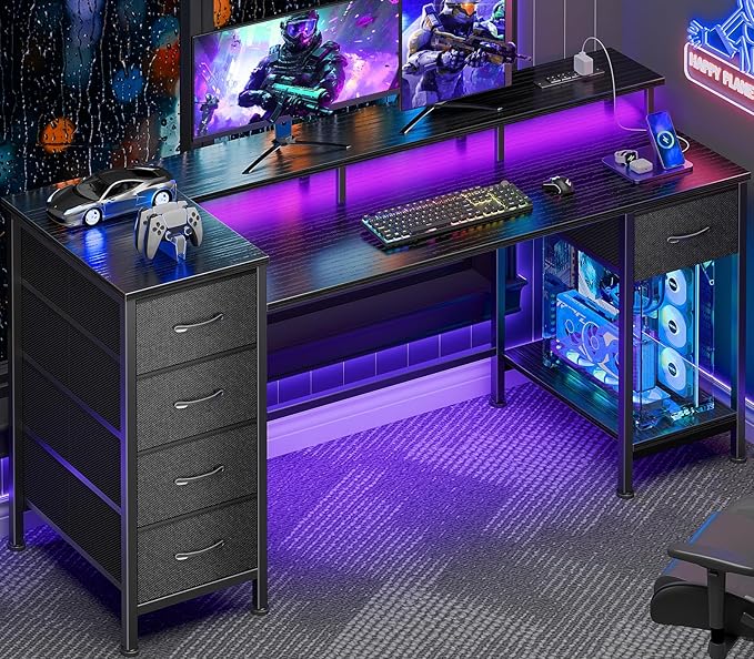 Korfile 55 Inch Computer Gaming Desk with Power Outlets LED Lights Reversible Home Office with Adjustable Fabric Storage Drawers for Working Writing Study, Black