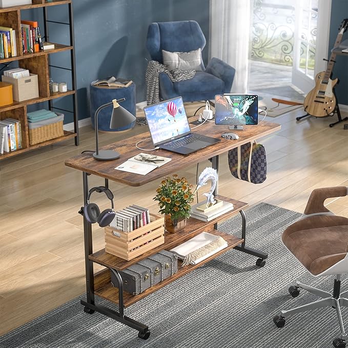 Armocity Rolling Standing Desk with Power Outlets, 39" Manual Height Adjustable Mobile Computer Desk with Wheels, Small Portable Sit Stand Laptop Couch Table for Bed & Sofa Home Office, Rustic Brown