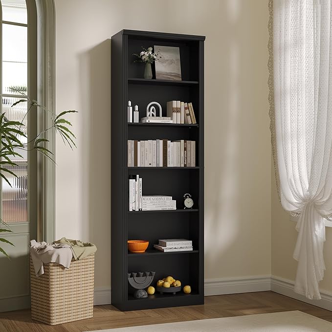 Wodeer Tall Bookshelf, 6-Tier Bookcase with 2 Adjustable Shelves, Modern Farmhouse Storage for Living Room, Entryway, Office, 23.6" W x 74.8" H x 10.6" D, Black