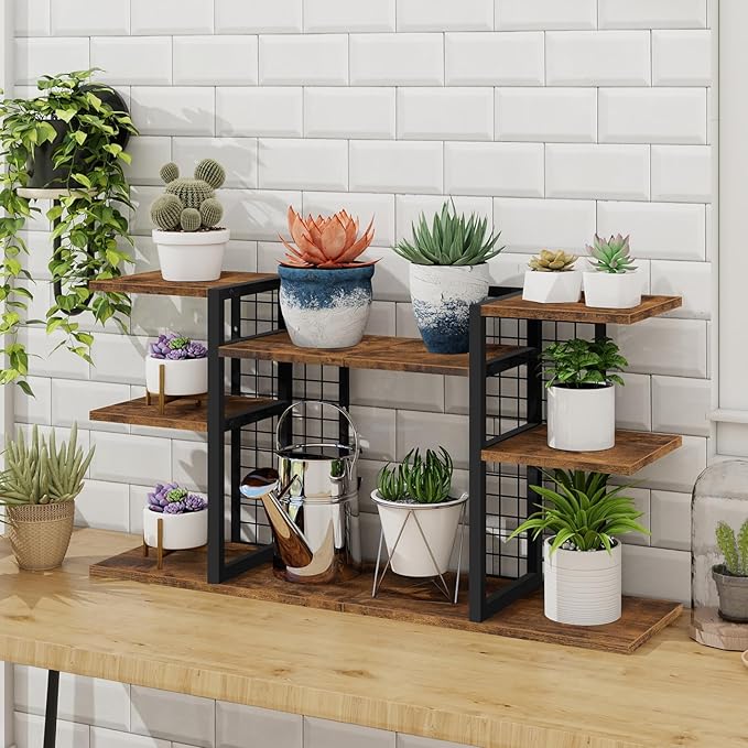 ELITEROO Desktop Shelf Bookshelf Set, 2 Tier Small Desk Shelves Organizer, 4-Tier Wooden Tabletop Book Shelf, Adjustable Display Rack Storage Organizers for Home, Office, Dorm, Rustic Brown