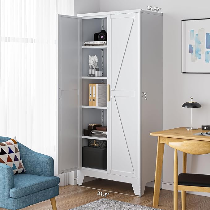 Washsemba 71'' Farmhouse Metal Storage Cabinet with Barn Doors,Steel File Cabinet for Home Office,Kitchen Pantry 4 Adjustable Shelves,Freestanding Cupboard for Kitchen,for Home Office,School (White)
