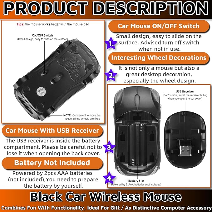 HuGuWdy Black Car Mouse，2.4G with USB Reciver 1600DPI Computer Mice Wireless for Computer Cute Wireless Mouse for Laptop Computer Tablet for Windows for Mac OS for Christmas（Black）