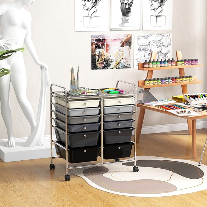 Moccha 12-Drawer Rolling Storage Cart - Utility Cart on Wheels with Lockable Casters for Craft Art Supply Paper Salon, Mobile Drawer Carts for Classroom Teacher School Office (Gradient Grey)