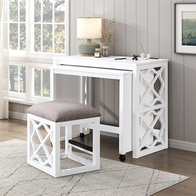 Desks and Stool Set 3pc White Finish Rolling Desk with Casters, 2 Charging Ports Home Office Furniture(White)