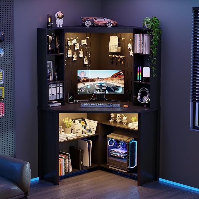 Corner Desk with LED Reading Lights, L Shaped Computer Desk with Hutch & Shelves, Triangle Home Office Desk w/ Charging Station for Work & Study, File Cabinet Storage Bookshelf for Small Space (Black)