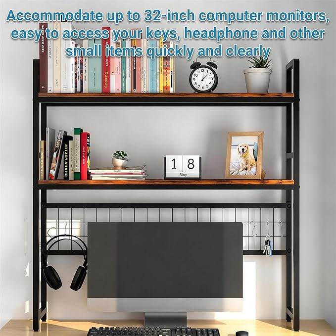 2 Tier Desktop Hutch Bookshelf, 39" Metal Dorm Desk Hutch with Grid Panel, Display Desk Shelf Bookcase Storage Organizer Rack for Dorm Home Office