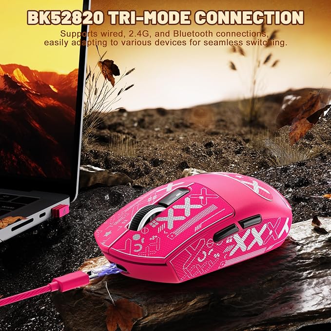 MAMBASNAKE Attack Shark G3 Wireless Gaming Mouse with Tri Mode Wired/2.4Ghz/BT,59g Ultra-Lightweight,25000 DPI,1000 Polling,PixArt PAW3311 Sensor,500mAh Battery,Programmable for PC Win Mac(Red+Tape)