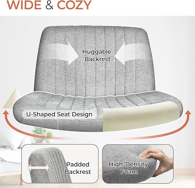 Orange Factory Criss Cross Chair No Wheel Wide Cross Legged Office Desk Vanity Chair Comfy Fabric Armless Adjustable Swivel for Home Computer Task (Grey No Wheel, Classic Fabric)