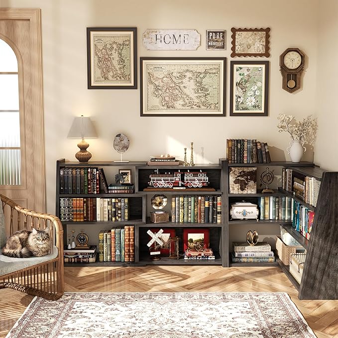 Armocity Expandable Bookshelf, Short Corner Bookshelf for Small Spaces, Small Ladder Book Shelf, Extendable Wood Narrow Bookcase for Living Room, Bedroom, 4 Tier, Grey Oak