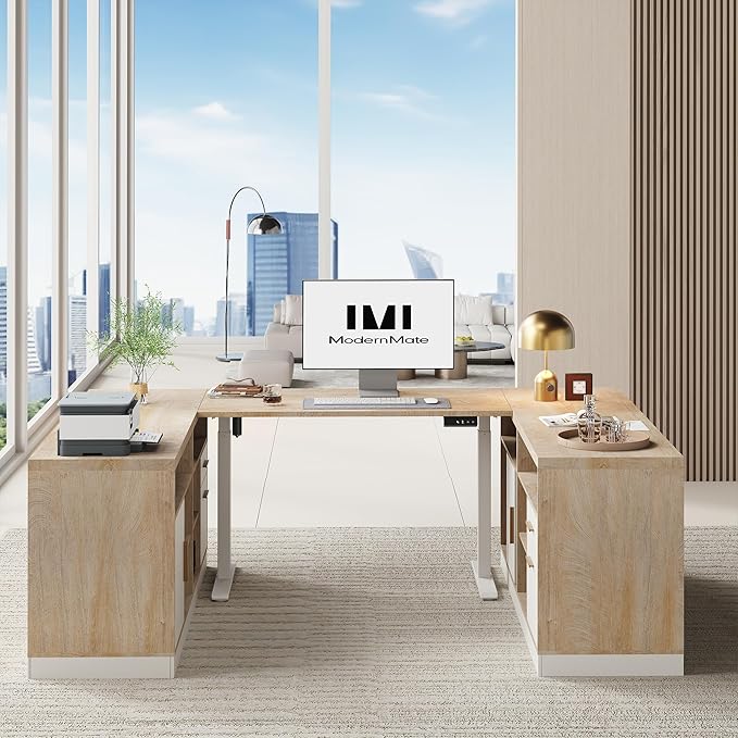 ModernMate Home Office Furniture Set, 86" U Shaped Executive Standing Desk with File Cabinets, Electric Height Adjustable Office Furniture Desk Sets with Drawer, AC/USB, Light Walnut