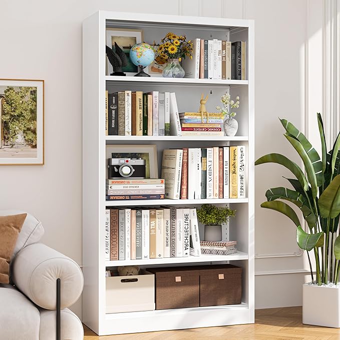 5 Tier Metal Bookshelf, 55 in Tall White Bookcase, 4 Adjustable Storage Shelves, Large Heavy Duty Bookcases for Office, Study Room, Home, Library
