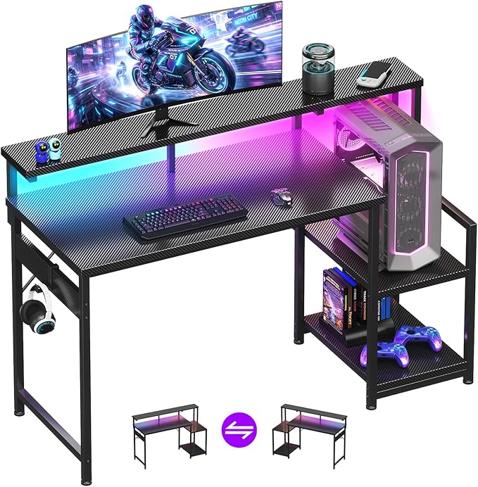 AODK Gaming Desk, 48 Inch Computer Desk with Led Lights, Office Desk with PC Tower Stand, Reversible Desk with Monitor Shelf & Headphone Hook, Carbon Fiber Black