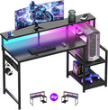 AODK Gaming Desk, 48 Inch Computer Desk with Led Lights, Office Desk with PC Tower Stand, Reversible Desk with Monitor Shelf & Headphone Hook, Carbon Fiber Black