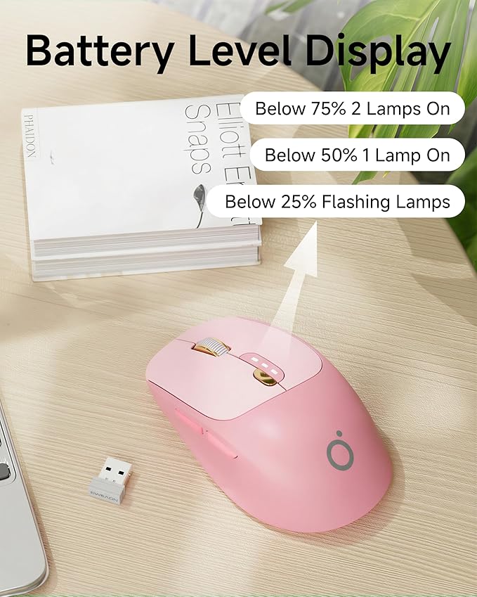 EWEADN Q5 Wireless Mouse, Bluetooth & 2.4G Quiet Computer Mouses with Battery Level Display, 1600 DPI, Ergonomic Office Mouse, 6 Button Portable Cute Computer Mouse for Laptop/PC/Mac - Rose Pink
