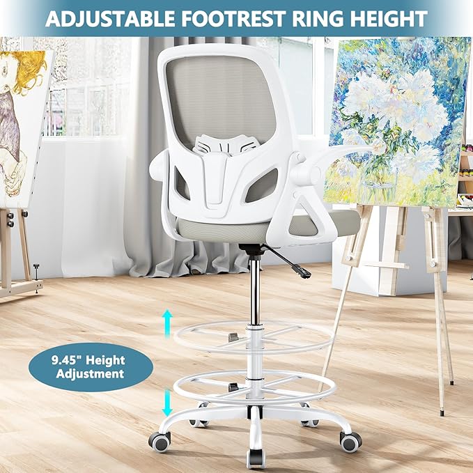 Kensaker Drafting Chair Tall Office Chair, Ergonomic Standing Desk Chair with Adjustable Foot Ring and Flip-up Armrests, Mesh Computer Chair for Art Studio, 300 LBS, Gray