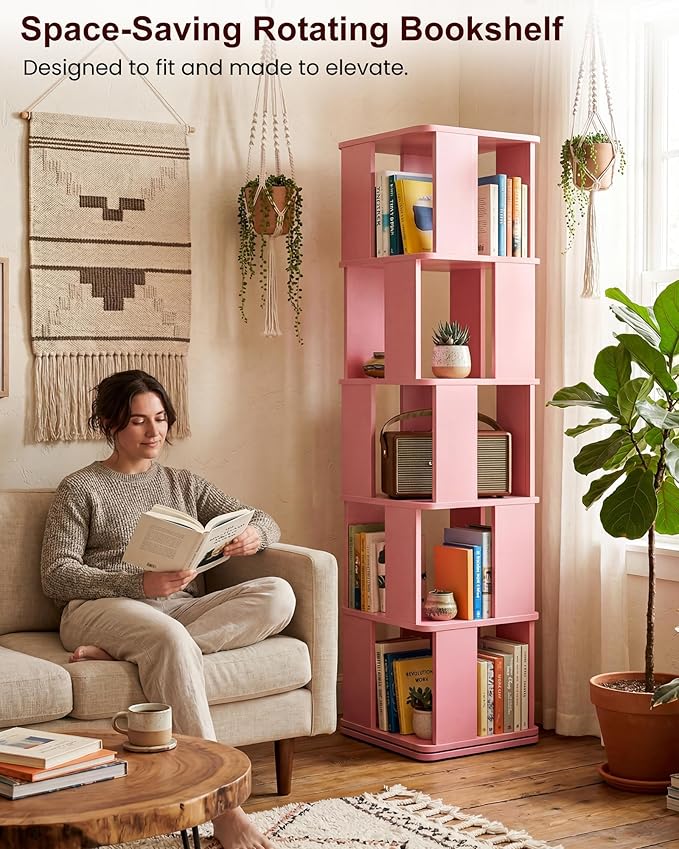 Foxemart 5-Tier Rotating Bookshelf Tower, 360° Spinning Modern Book Storage Bookcase, Stable Display Corner Book Shelf for Kids Room, Living Room, Bedroom, Home Office, Pink