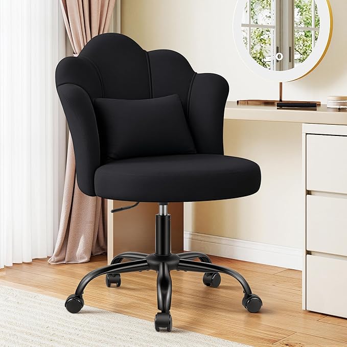 BestGlory Petal Vanity Chair with Wheels, 3.15" Extra Thick Comfy Makeup Chair, Adjustable Modern Swivel Armless Desk Chair for Girls Women, Aesthetic Small Office Chair for Bedroom Dorm