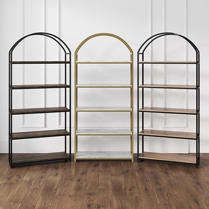 Nathan James Haven Etagere Bookshelf, 5-Shelf Bookcase in Nutmeg Wood and Black Metal Frame with Arch Top and Open Shelves, Nutmeg/Black, Set of 4