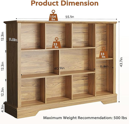 10-Cube Storage Organizer Bookshelf, 4-Tier Wooden Bookcase with Adjustable Shelf, Sturdy Cube Storage Shelf for Small Spaces, Modern Low Profile Shelving Unit for Living Room & Bedroom
